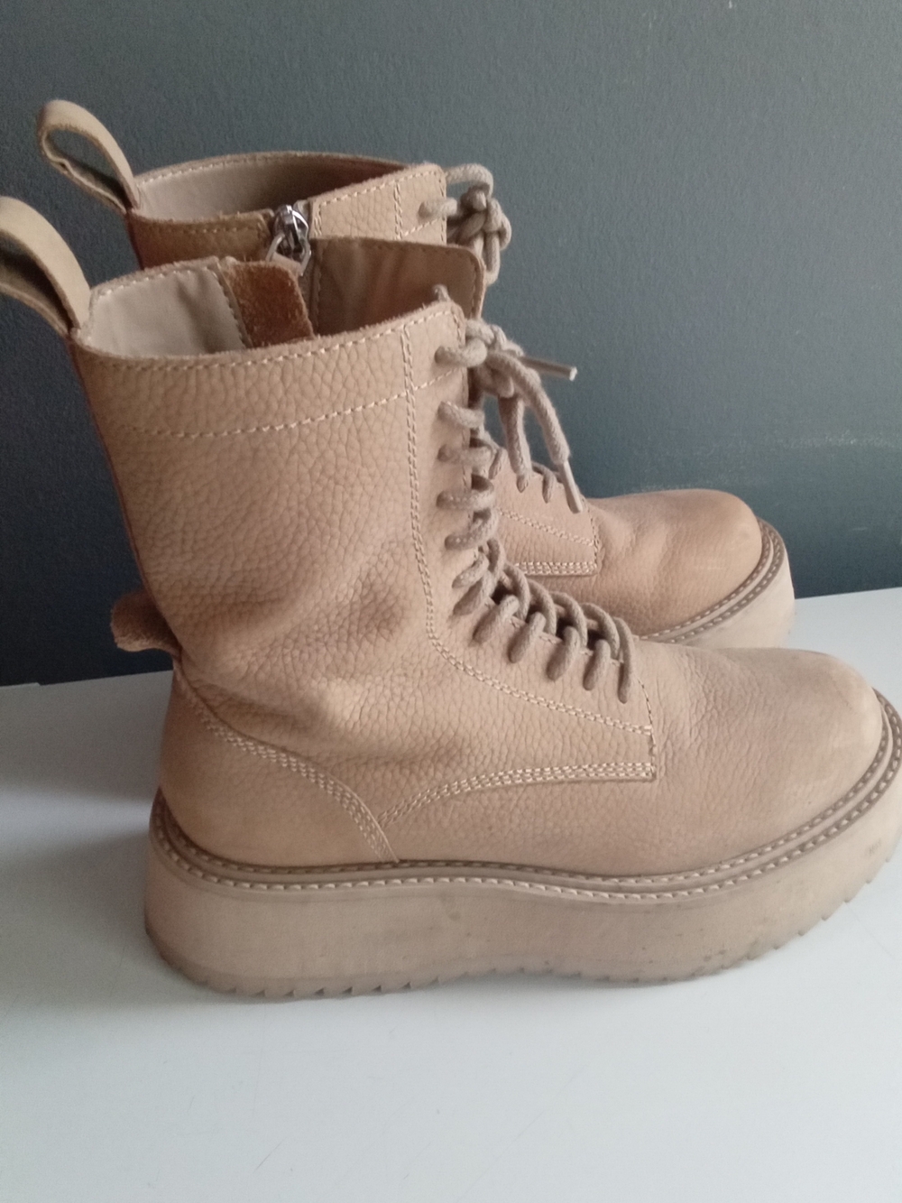 Beige Pebbled Leather Platform Combat Boots Lace Up Side Zip Lug Sole Tan - Picture 7 of 8